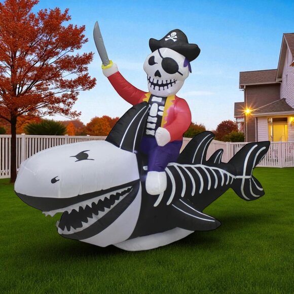HUGE 8 FT Pirate Riding Skeleton Shark LED Inflatable Halloween Yard Prop NEW - Picture 3 of 7